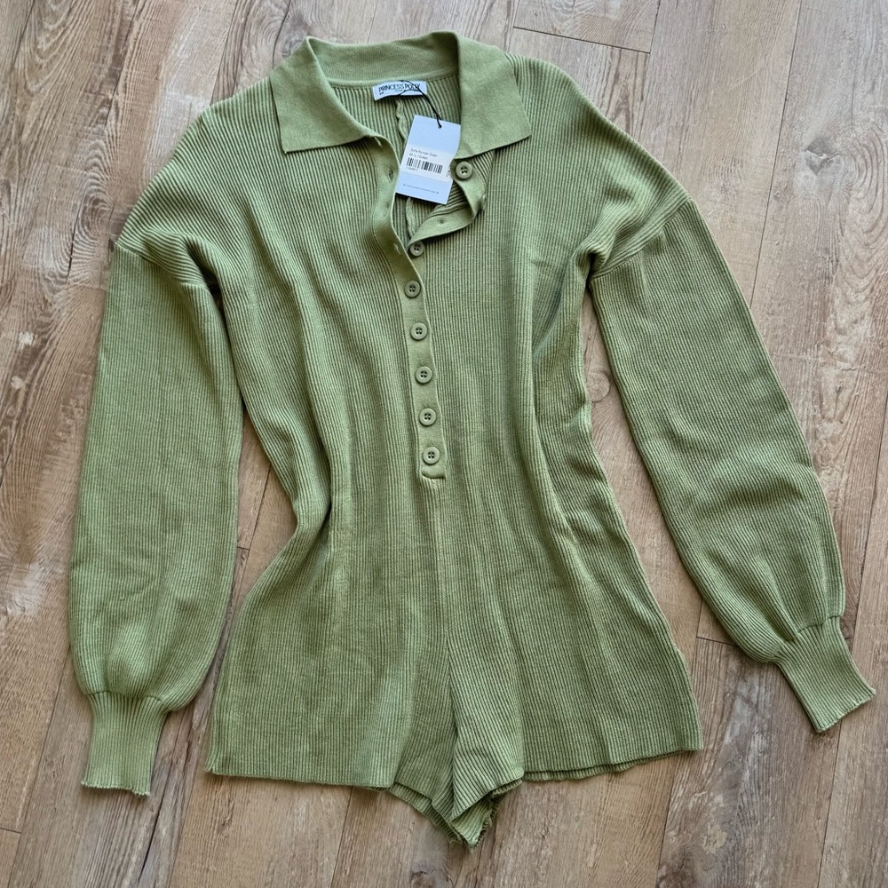 NWT Princess Poly Green Button Down Sweater Romper